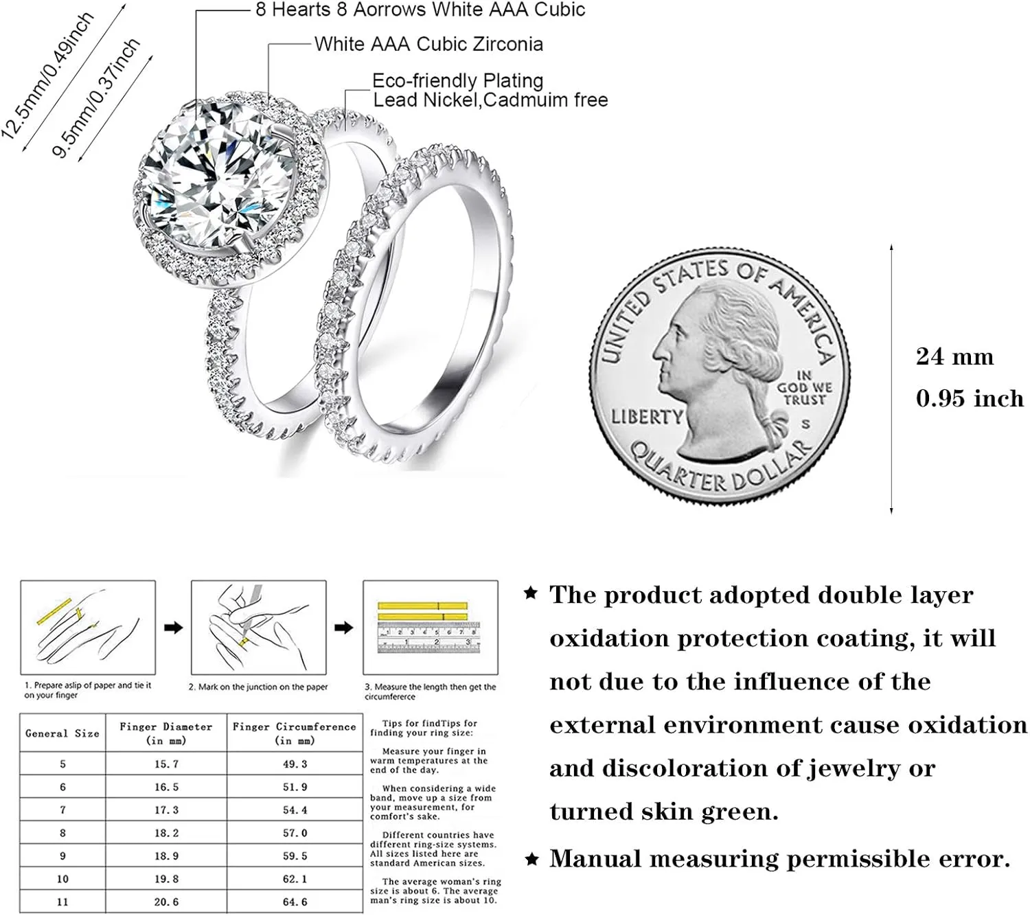 JIANGYUE Classic Bridal Sets Band Ring for Women, 3 Ct 8 Heart 8 Arrow White AAA Cubic Zirconia Rose Gold Big Main Stone Cocktail Engagement Wedding Mothers Day Gifts Rings Size 5 6 7 8 9 10