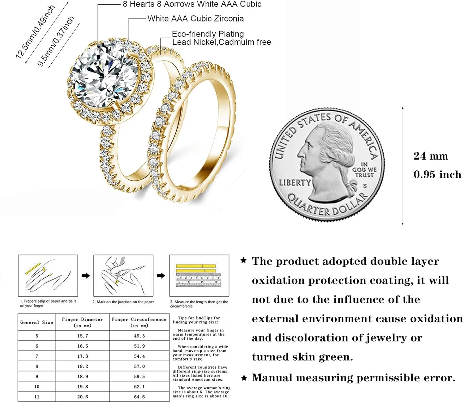 JIANGYUE Classic Bridal Sets Band Ring for Women, 3 Ct 8 Heart 8 Arrow White AAA Cubic Zirconia Rose Gold Big Main Stone Cocktail Engagement Wedding Mothers Day Gifts Rings Size 5 6 7 8 9 10