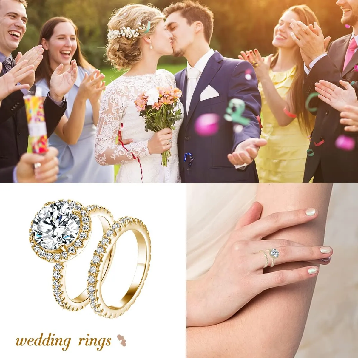 JIANGYUE Classic Bridal Sets Band Ring for Women, 3 Ct 8 Heart 8 Arrow White AAA Cubic Zirconia Rose Gold Big Main Stone Cocktail Engagement Wedding Mothers Day Gifts Rings Size 5 6 7 8 9 10