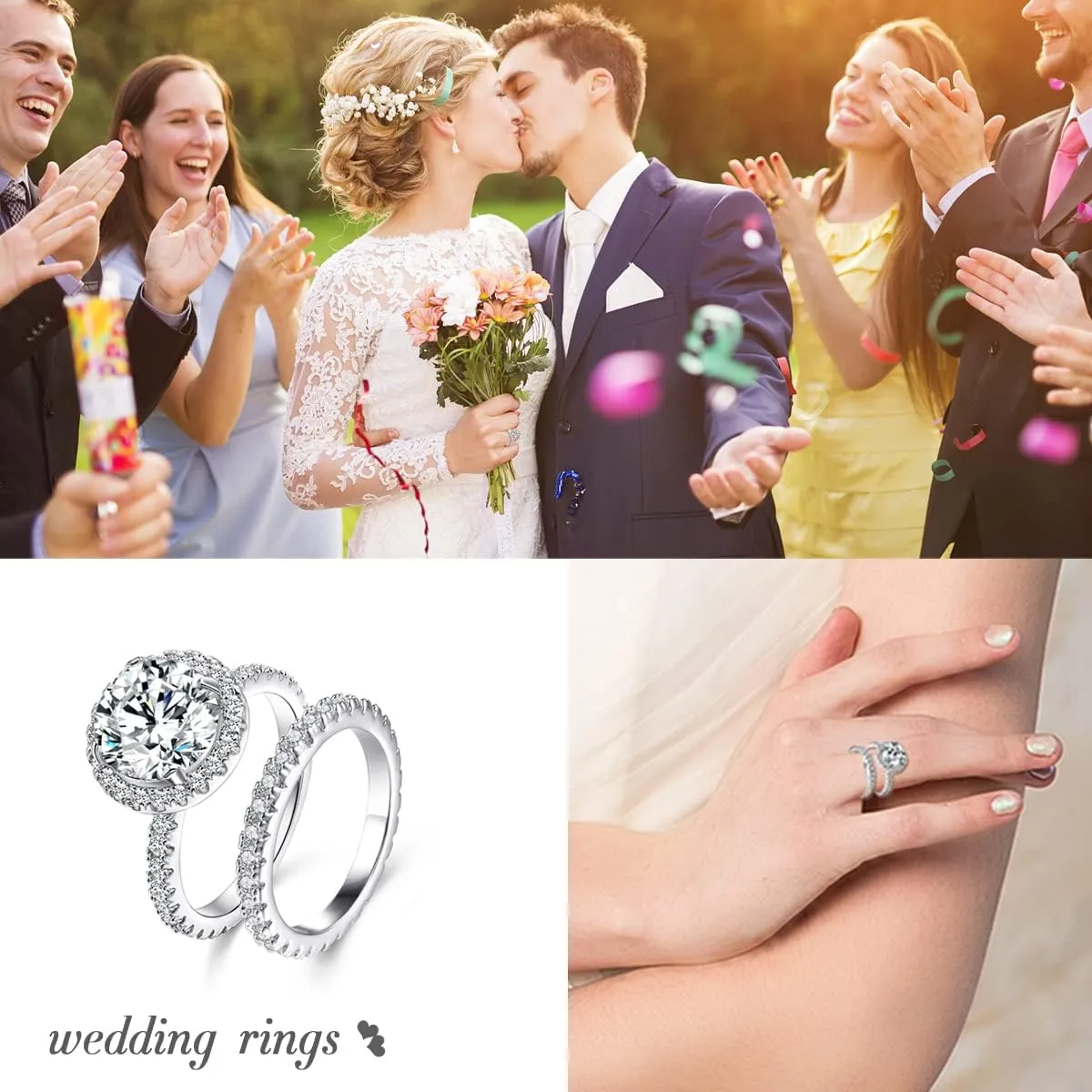 JIANGYUE Classic Bridal Sets Band Ring for Women, 3 Ct 8 Heart 8 Arrow White AAA Cubic Zirconia Rose Gold Big Main Stone Cocktail Engagement Wedding Mothers Day Gifts Rings Size 5 6 7 8 9 10