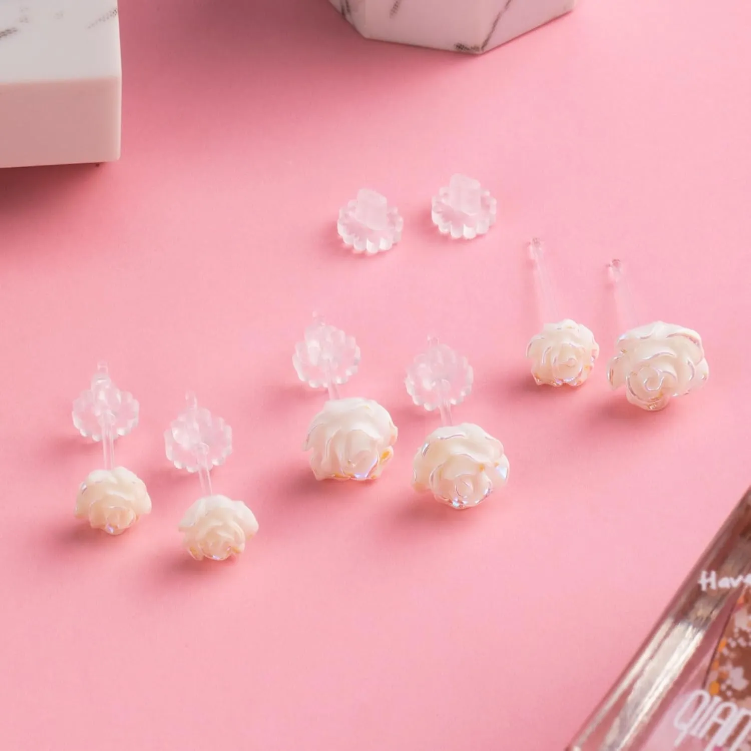 Joez Wonderful Plastic Earrings, Rose Colorful White Earring Stud for Sensitive Ears, Earrings Hypoallergenic