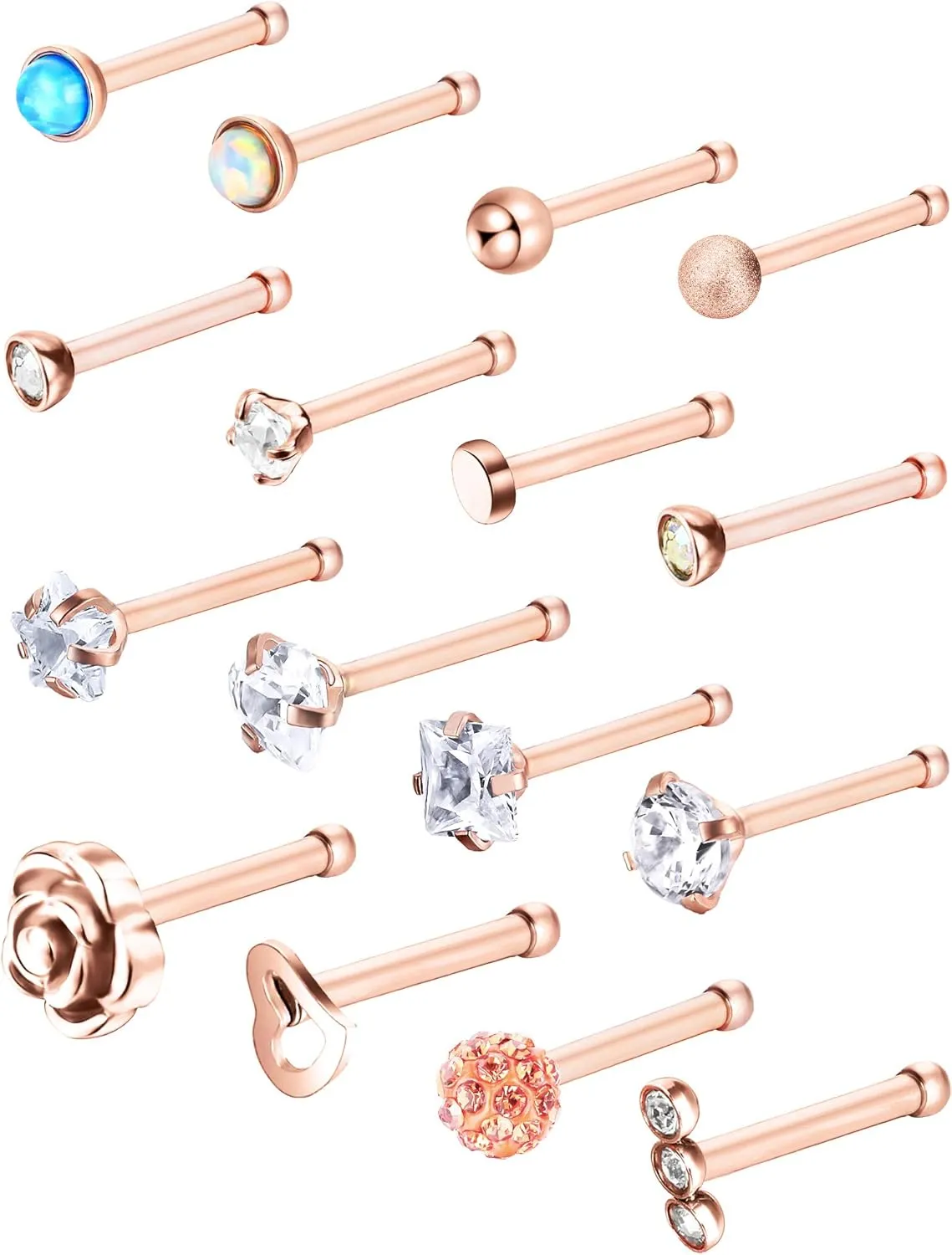 JOVITEC 16 Pieces Nose Stud for Women 20 g Nose Ring Set Bone Nose Studs Surgical Stainless Steel Cartilage Tragus Piercing Rose Gold Ball Sapphire Labret Jewelry