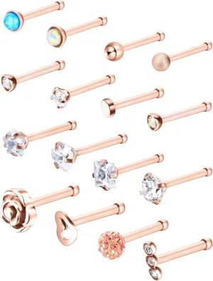 JOVITEC 16 Pieces Nose Stud for Women 20 g Nose Ring Set Bone Nose Studs Surgical Stainless Steel Cartilage Tragus Piercing Rose Gold Ball Sapphire Labret Jewelry