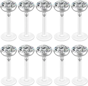 Jovivi 10-40pcs 16G 2/3/4/5mm Czech Crystal Clear Flexible Bioflex Acrylic Bar Labret Monroe Studs Lip Rings Helix Stud Earrings Ear Nose Piercing Body Jewelry
