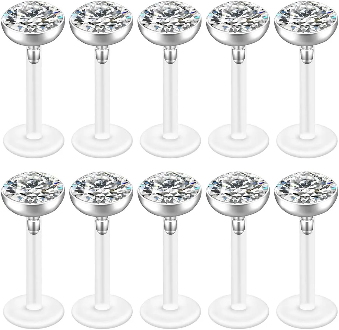 Jovivi 10-40pcs 16G 2/3/4/5mm Czech Crystal Clear Flexible Bioflex Acrylic Bar Labret Monroe Studs Lip Rings Helix Stud Earrings Ear Nose Piercing Body Jewelry