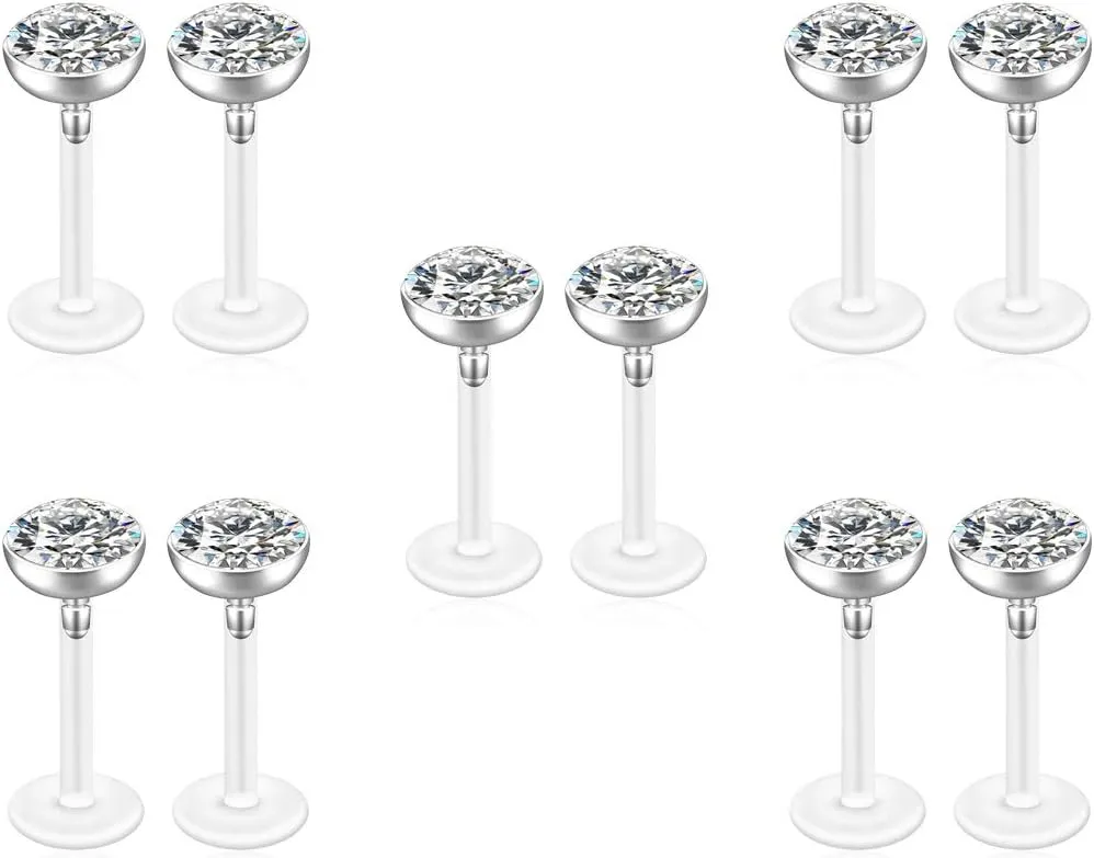 Jovivi 10-40pcs 16G 2/3/4/5mm Czech Crystal Clear Flexible Bioflex Acrylic Bar Labret Monroe Studs Lip Rings Helix Stud Earrings Ear Nose Piercing Body Jewelry