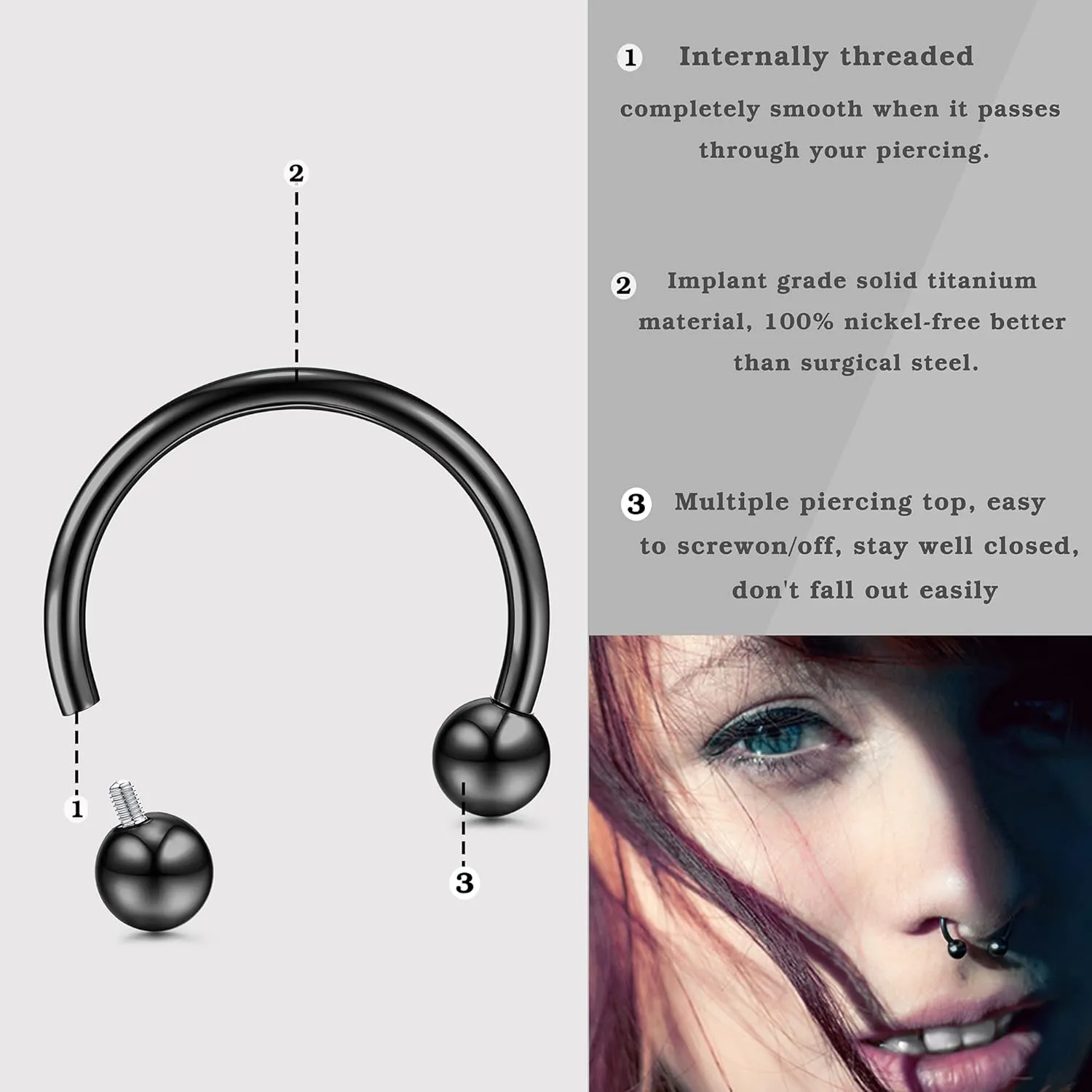 Jstyle 16g Septum Rings for Women Men, Implant Grade G23 Titanium Septum Ring, Internally Threaded Horseshoe Hoop Helix Daith Cartilage Tragus Earrings, Circular Barbell Piercing Jewelry