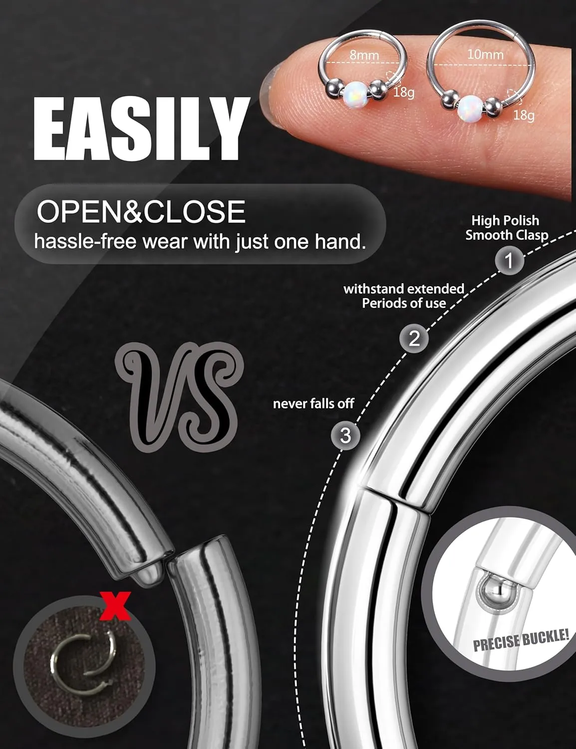 Jstyle 16G/18G/20G Surgical Steel Nose Rings Hoops Women Hypoallergenic Septum Rings Hinged Clicker for Helix Daith Tragus Rook Conch Lip Ring Hoop Cartilage Earring Body Piercing Jewelry 8mm/10mm