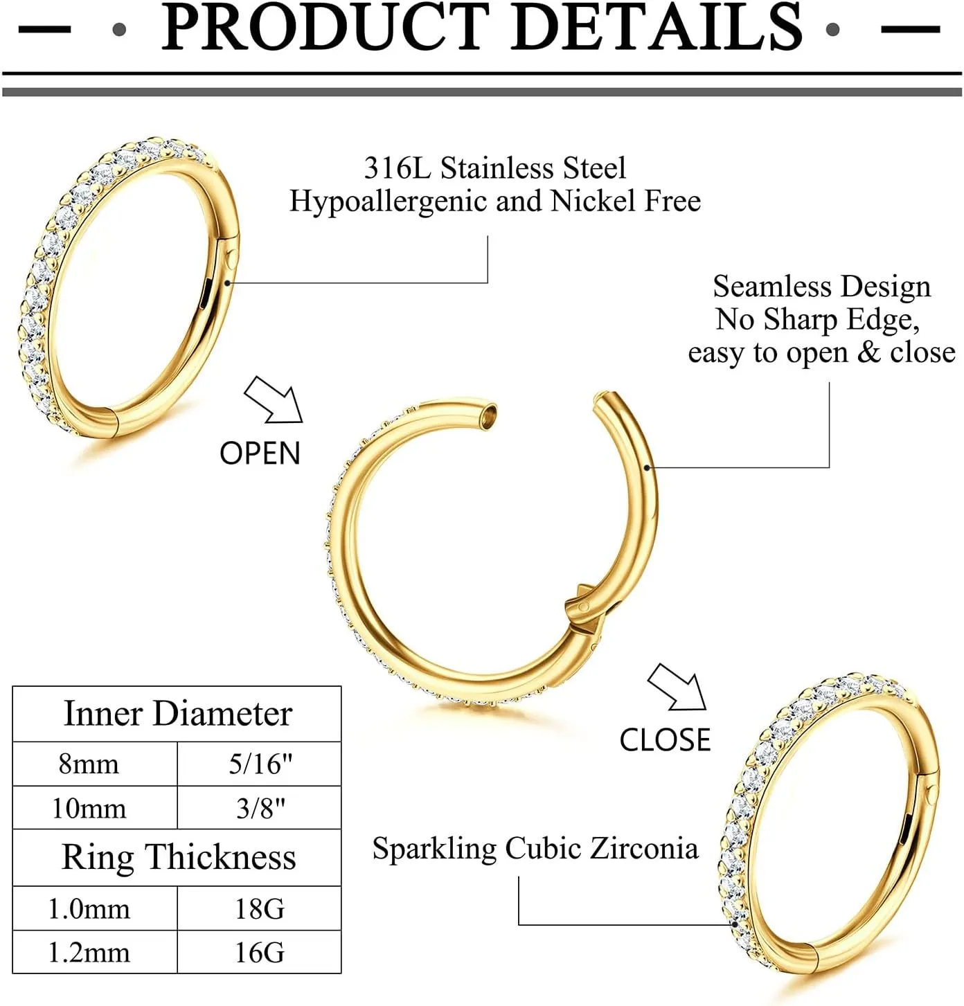 Jstyle 18G 16G Surgical Steel Nose Rings Hoops for Women Opal CZ Septum Rings Clicker Hinged Segment Nose Ring Lip Helix Cartilage Conch Daith Rook Nose Body Piercing Jewelry 8mm 10mm