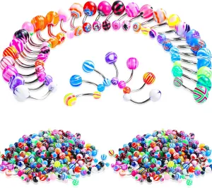 Junkin 200 Pieces Belly Button Rings Bulk Colorful Body Piercing Jewelry Navel Barbell Body Stainless Steel Belly Rings Piercing Jewelry for Women Girls