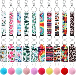 Junkin 40 Pcs Lipstick Holder Keychain Lip Holder Keychain Clip on Lipstick Pouch Fluffy Ball with Keyring