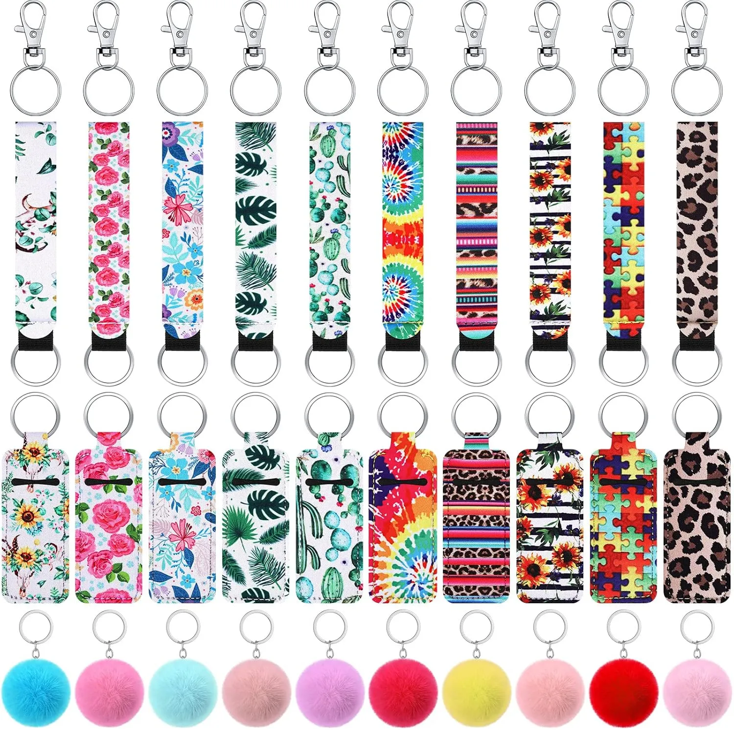 Junkin 40 Pcs Lipstick Holder Keychain Lip Holder Keychain Clip on Lipstick Pouch Fluffy Ball with Keyring