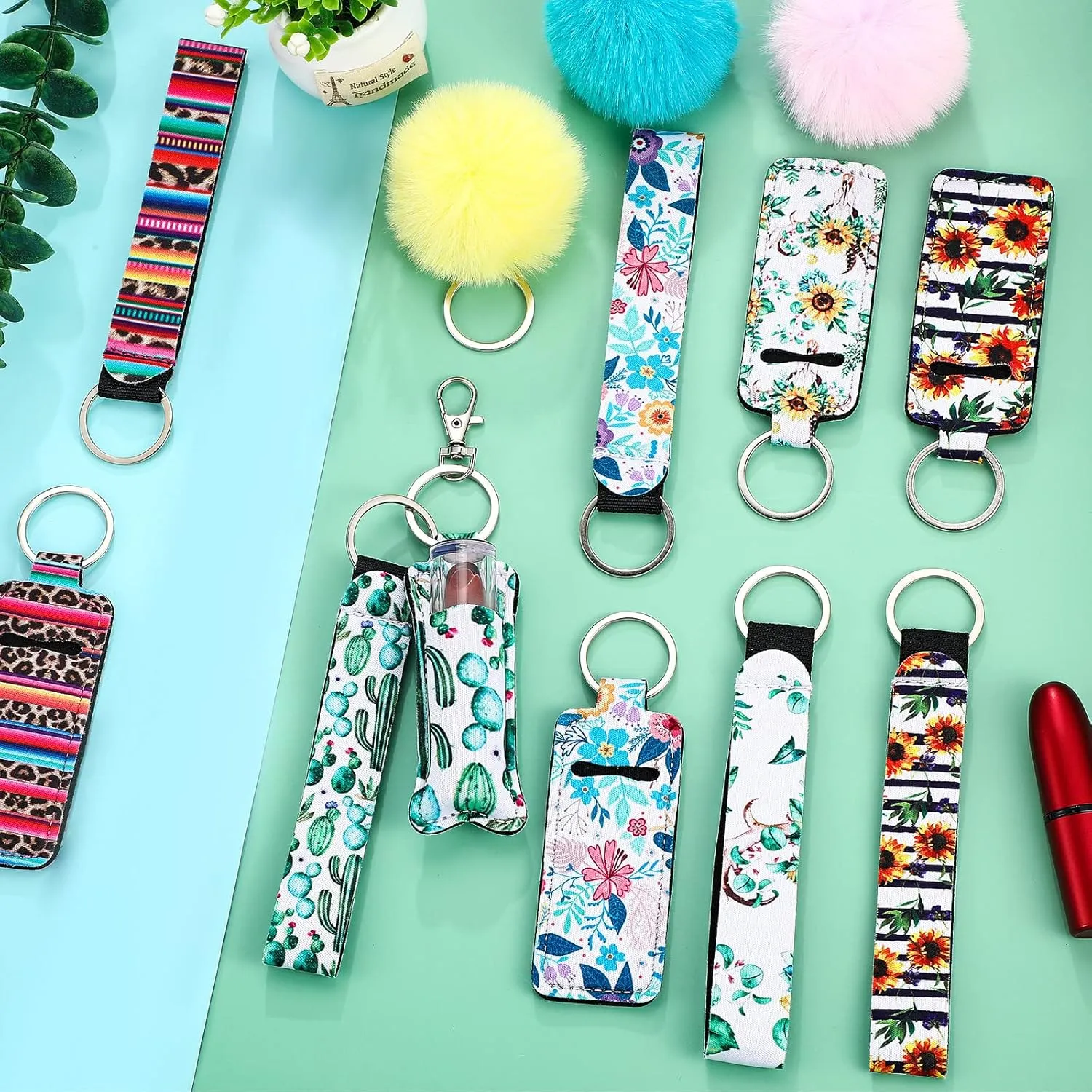 Junkin 40 Pcs Lipstick Holder Keychain Lip Holder Keychain Clip on Lipstick Pouch Fluffy Ball with Keyring