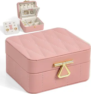KAMIER Travel Jewelry Box Organizer, Diamond Quilted Leather Travel Jewelry Organizer Box, Small Jewelry Box for Women, Portable Travel Jewelry Case with Mirror, Pink