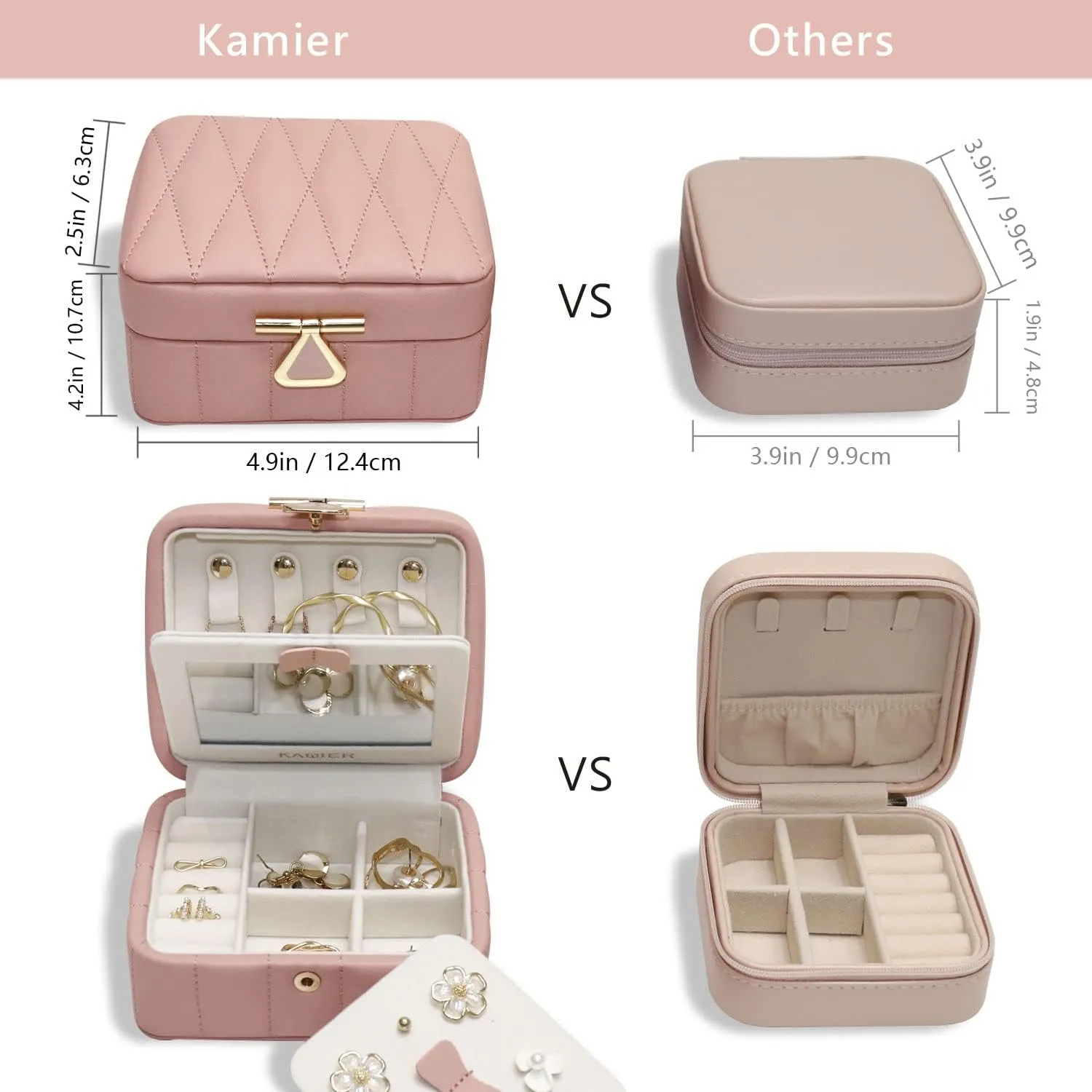 KAMIER Travel Jewelry Box Organizer, Diamond Quilted Leather Travel Jewelry Organizer Box, Small Jewelry Box for Women, Portable Travel Jewelry Case with Mirror, Pink