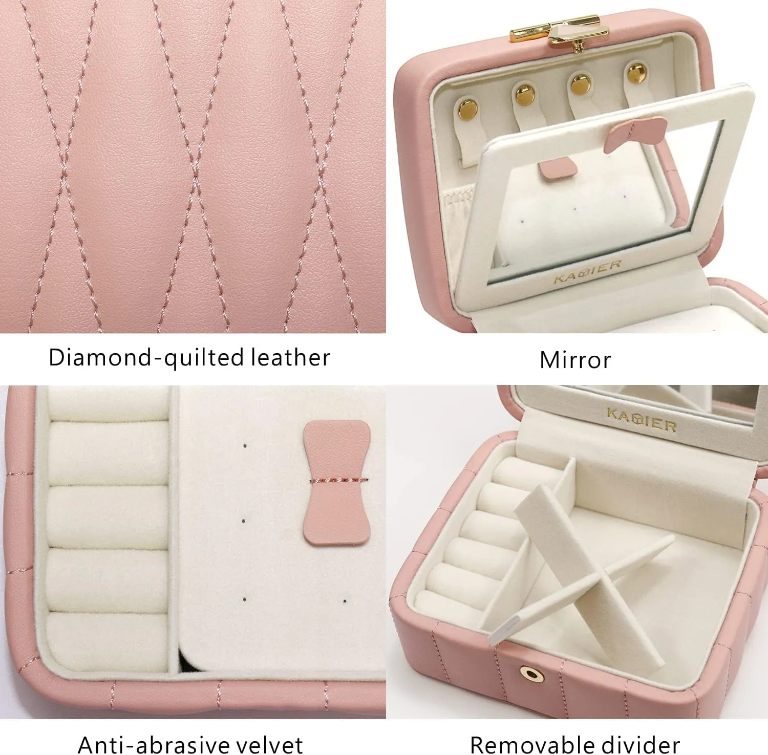 KAMIER Travel Jewelry Box Organizer, Diamond Quilted Leather Travel Jewelry Organizer Box, Small Jewelry Box for Women, Portable Travel Jewelry Case with Mirror, Pink