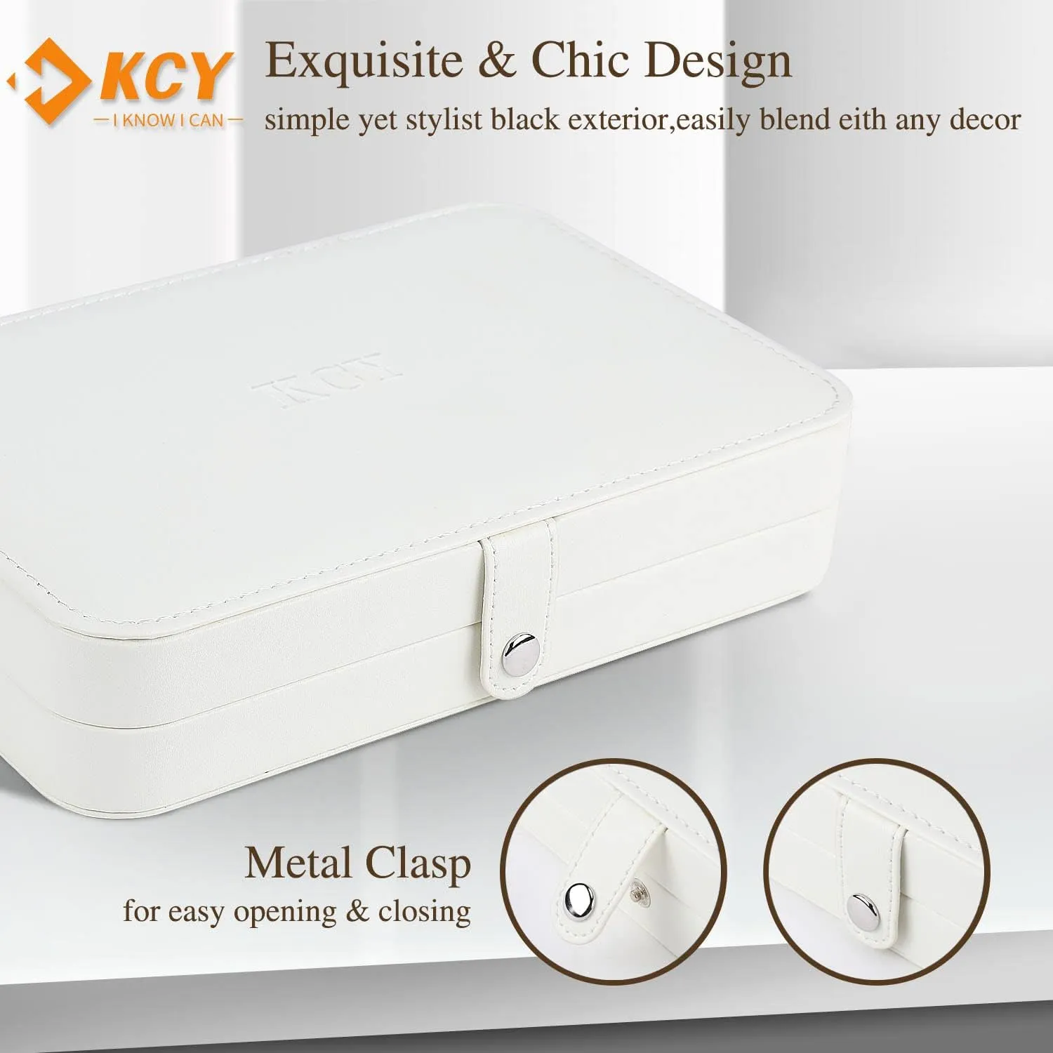 KCY Jewelry Box for Women Girls,Small Travel Jewelry Organizer Case,PU Leather Portable Jewellery Storage Boxes Display Holder for Ring Earrings Necklace Bracelet Bangle, Men Teen Kids Gift, White