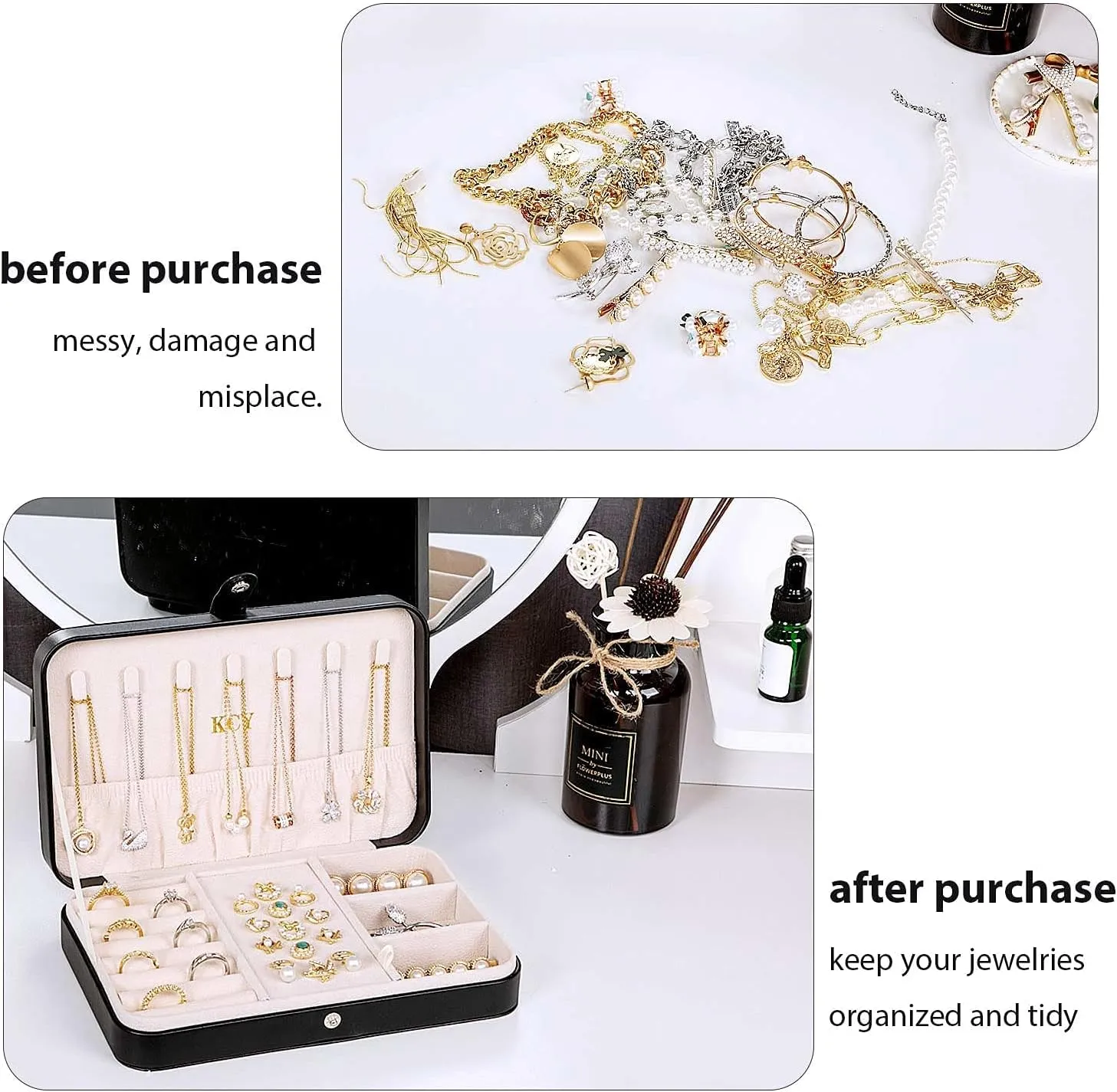 KCY Travel Jewelry Organizer Box for Women Girls, Small Travel Jewelry Case, PU Leather Portable Jewellery Storage Boxes Display Holder for Ring Earrings Necklace Bracelet Bangle, Gifts, Black