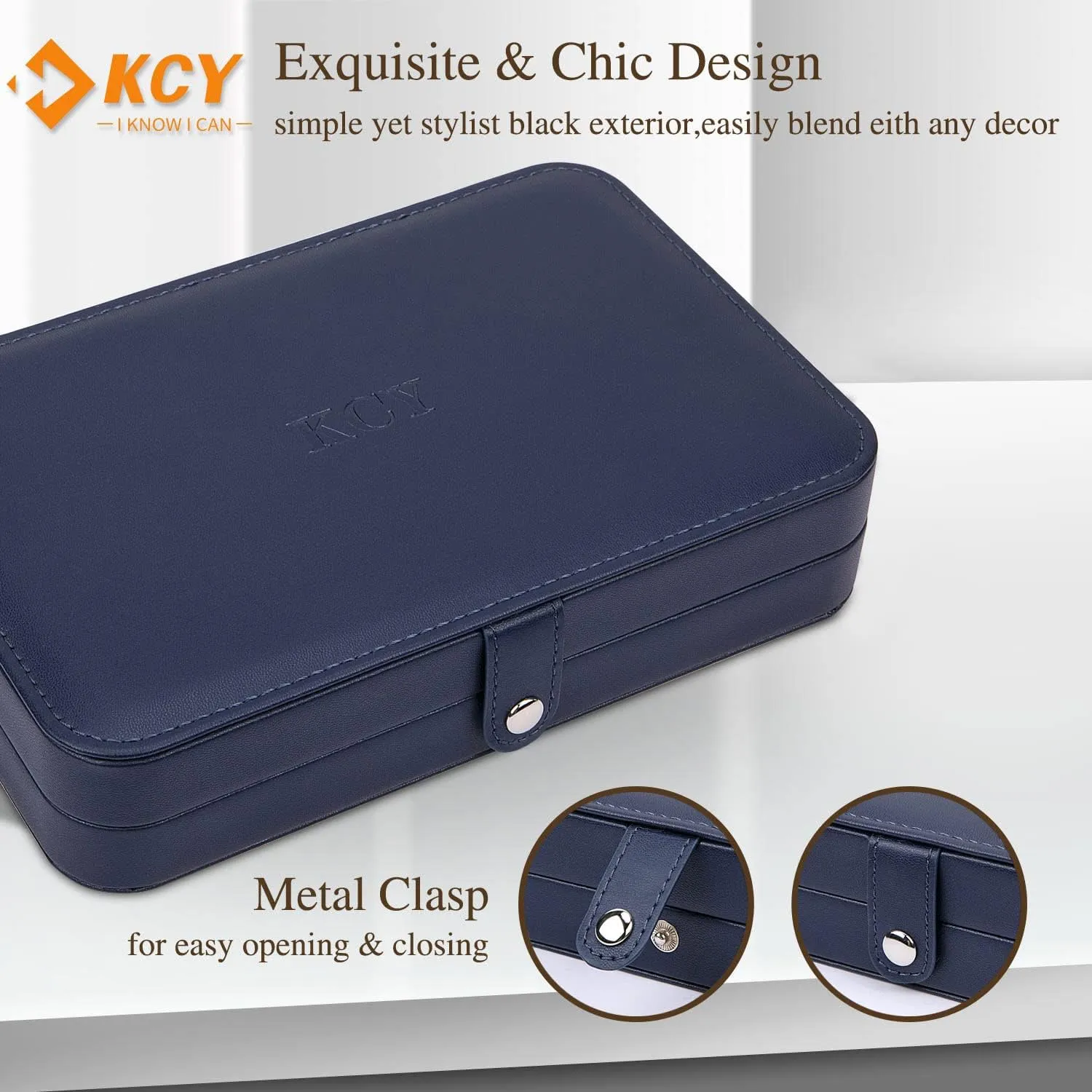 KCY Travel Jewelry Organizer Box for Women Girls, Small Travel Jewelry Case, PU Leather Portable Jewellery Storage Boxes Display Holder for Ring Earrings Necklace Bracelet Bangle, Gifts,Dark-blue
