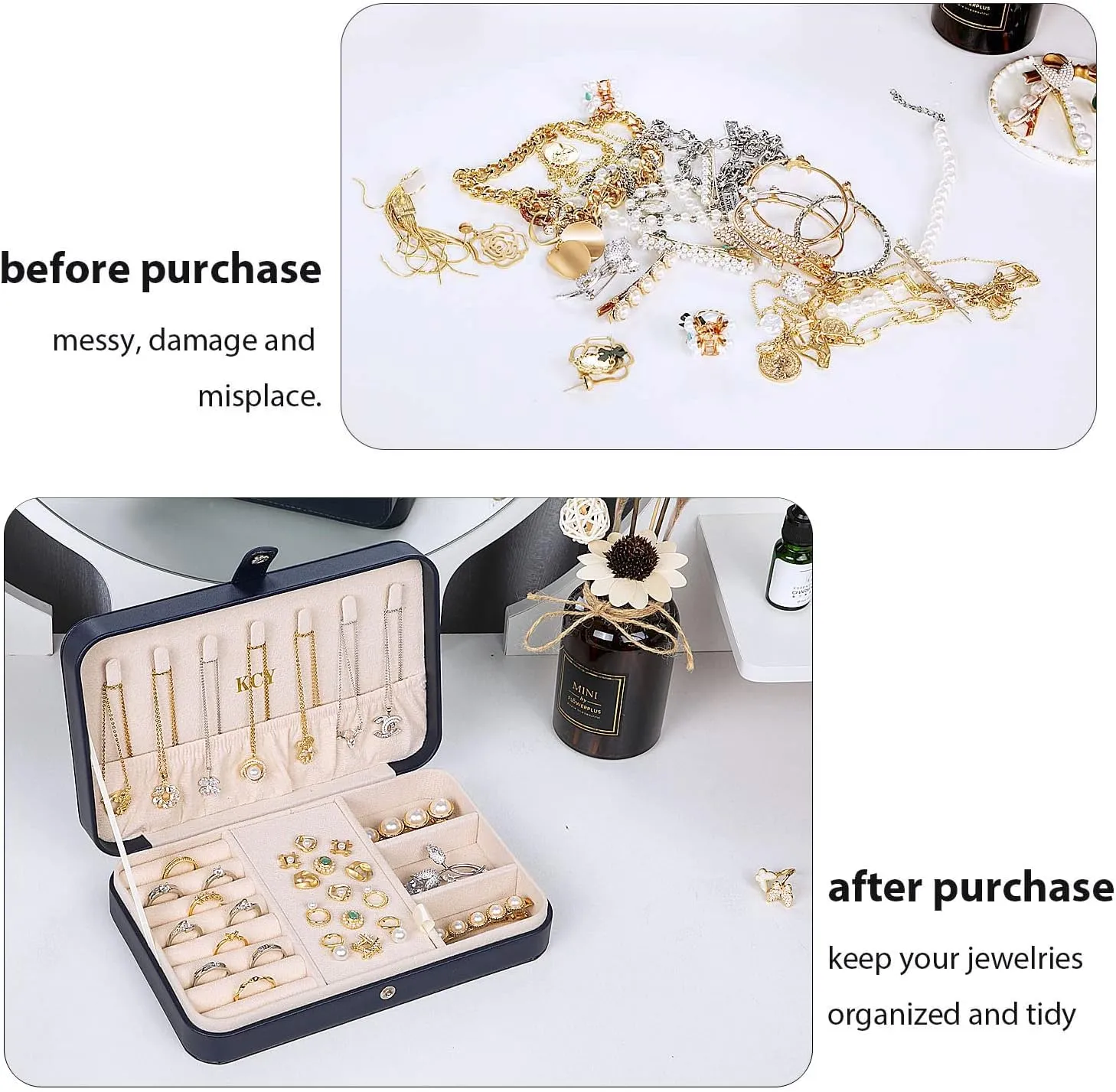 KCY Travel Jewelry Organizer Box for Women Girls, Small Travel Jewelry Case, PU Leather Portable Jewellery Storage Boxes Display Holder for Ring Earrings Necklace Bracelet Bangle, Gifts,Dark-blue
