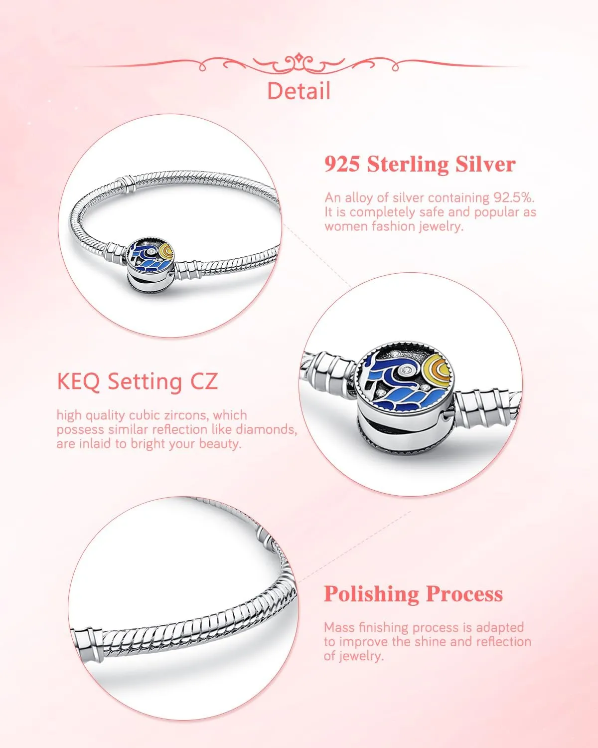 KEQ 925 Sterling Silver Charm Bracelet for Pandora Charms Snake Chain Bracelet Fit Any Charm Gift for Women