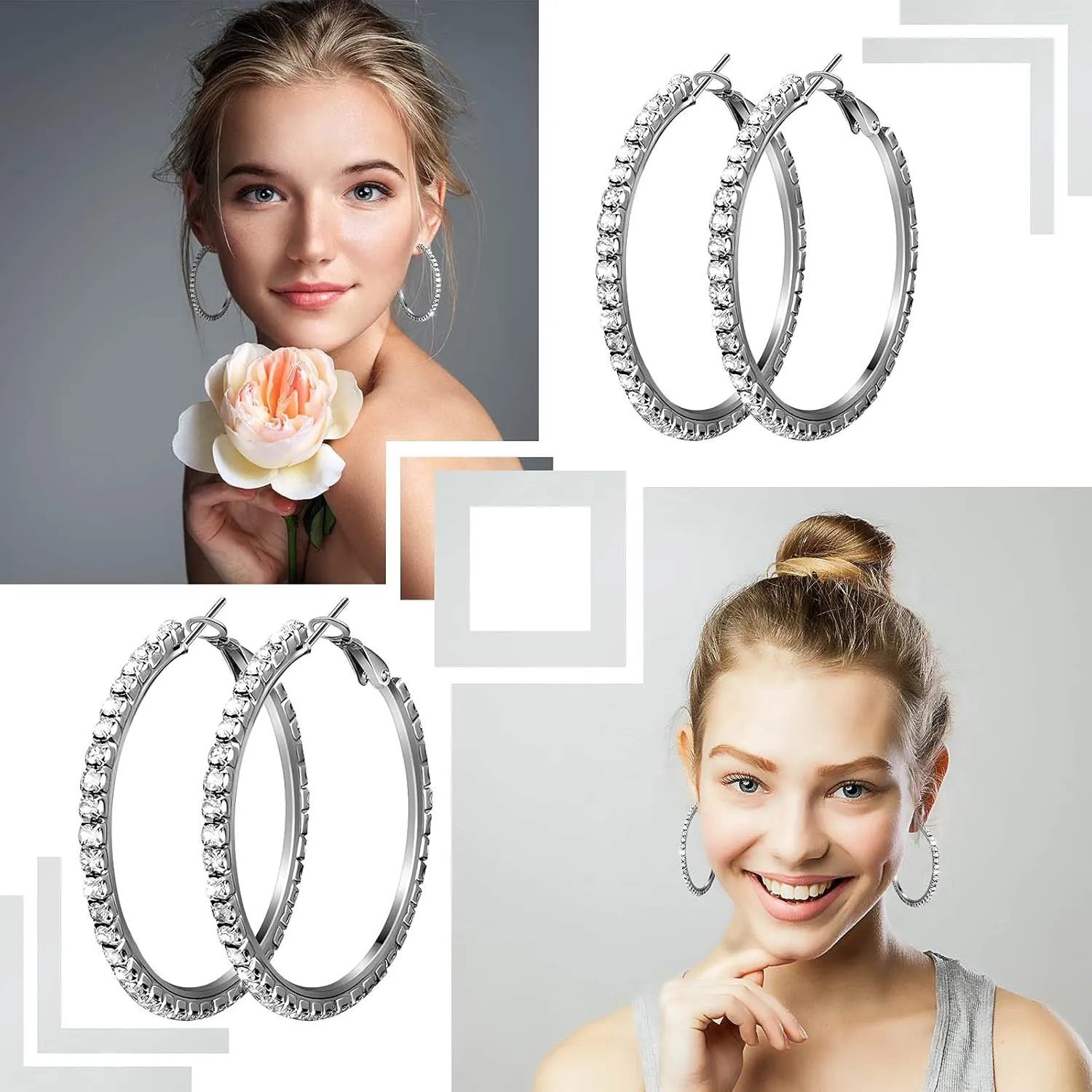 Kigeli 5 Pairs Large Crystal Hoop Earrings Set Big Shiny 3-7 cm Round Party Lightweight Rhinestone Sparkly Hoop for Women Jewelry Party Gift Wedding Date