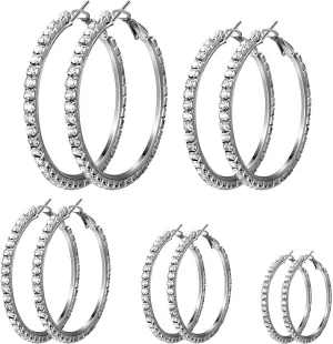 Kigeli 5 Pairs Large Crystal Hoop Earrings Set Big Shiny 3-7 cm Round Party Lightweight Rhinestone Sparkly Hoop for Women Jewelry Party Gift Wedding Date
