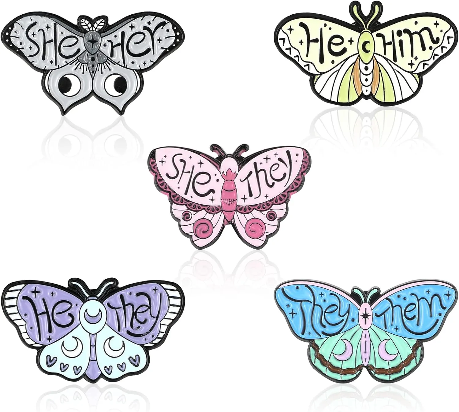 Kigeli 5 Pcs Butterfly Pronoun Brooches She They/He Him/Them/She Her/He They Gender Enamel Pin Set Cute Animals Identity Bulk Decor for Women Lapel Pins Jewelry Gifts