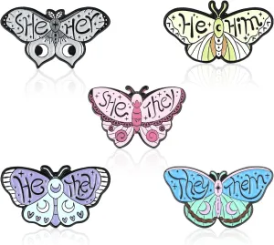 Kigeli 5 Pcs Butterfly Pronoun Brooches She They/He Him/Them/She Her/He They Gender Enamel Pin Set Cute Animals Identity Bulk Decor for Women Lapel Pins Jewelry Gifts