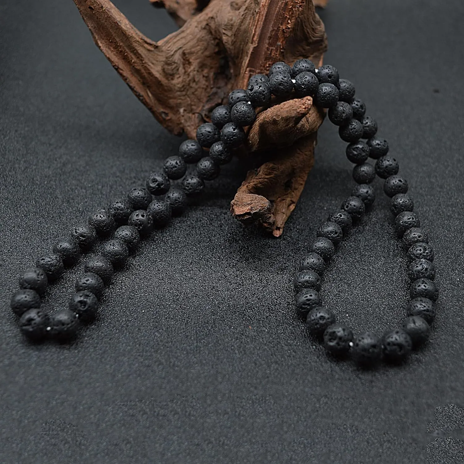 KIKILA 8MM Natural Tiger Eye Lava Stone Beaded Choker Necklace Genuine Gemstone Anxiety Stretch Necklace For Men