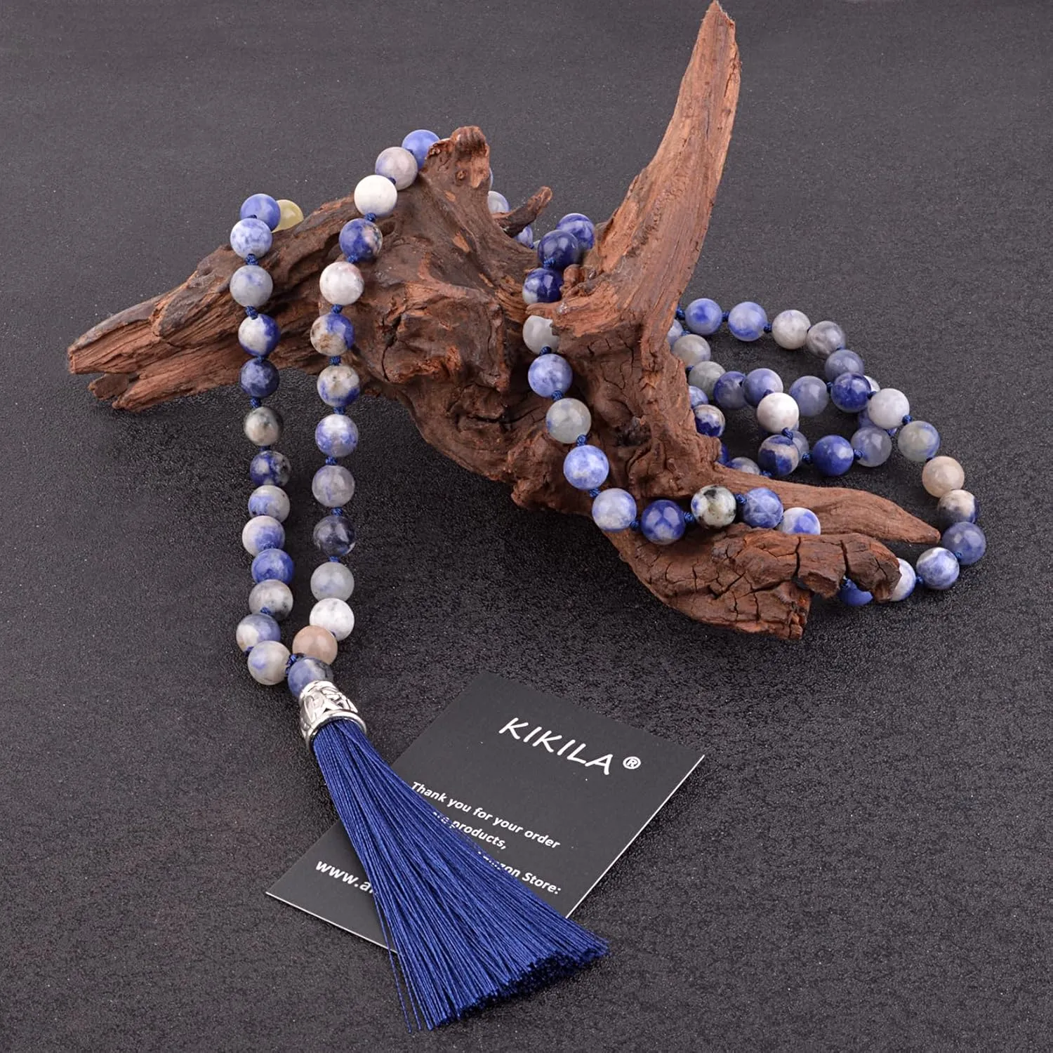 KIKILA Mala Beads 108 Natural Stone GemStones Japamala Yoga Meditation Hand Knotted Beaded Tassel Necklace for Women Men