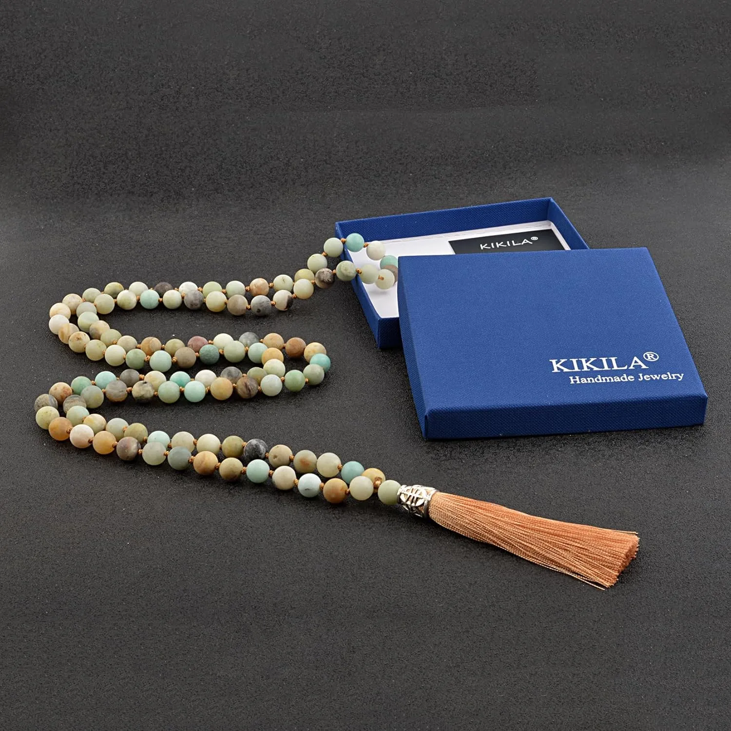 KIKILA Mala Beads 108 Natural Stone GemStones Japamala Yoga Meditation Hand Knotted Beaded Tassel Necklace for Women Men