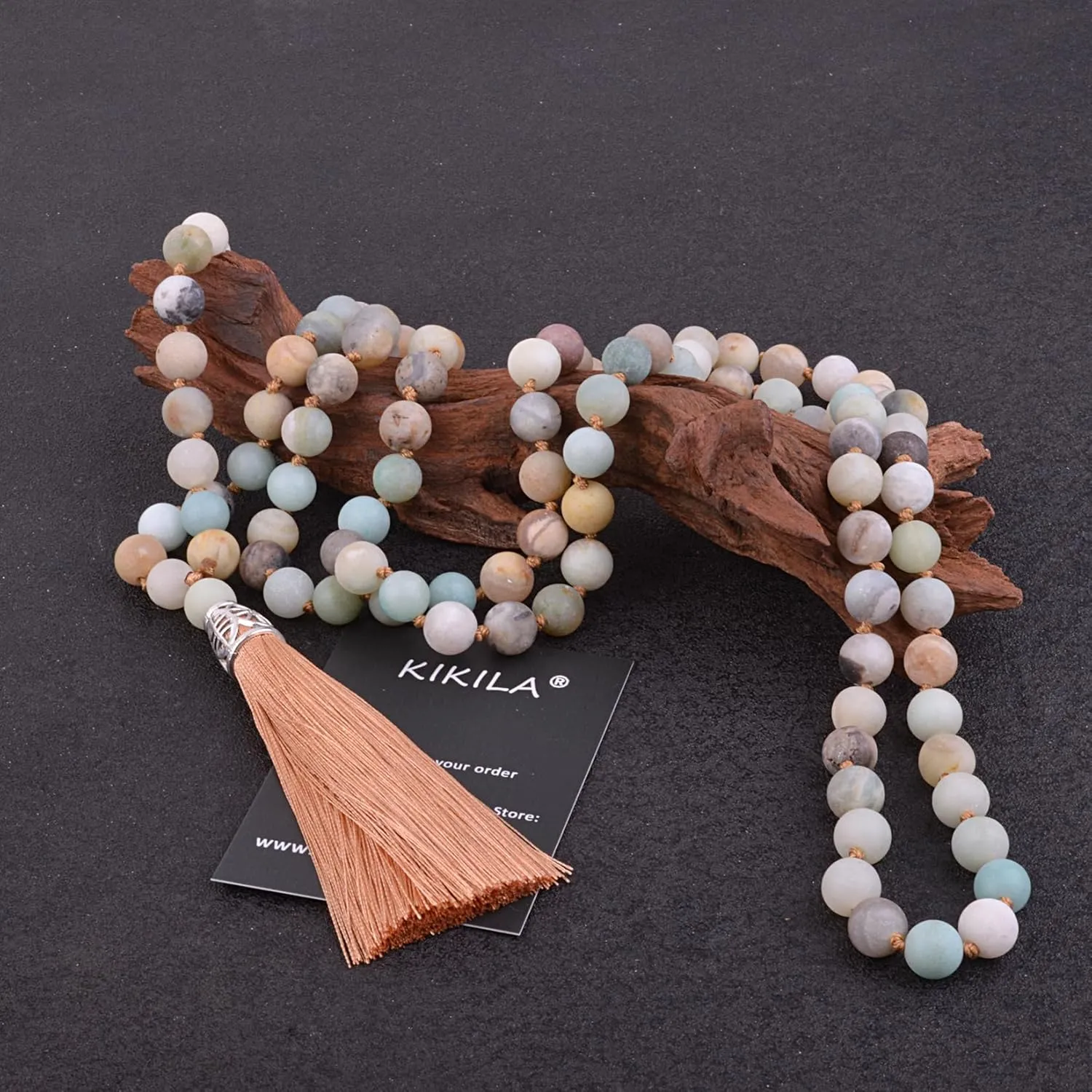 KIKILA Mala Beads 108 Natural Stone GemStones Japamala Yoga Meditation Hand Knotted Beaded Tassel Necklace for Women Men
