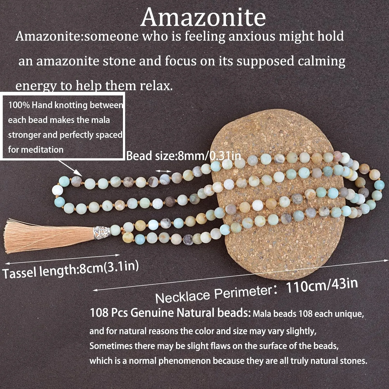 KIKILA Mala Beads 108 Natural Stone GemStones Japamala Yoga Meditation Hand Knotted Beaded Tassel Necklace for Women Men