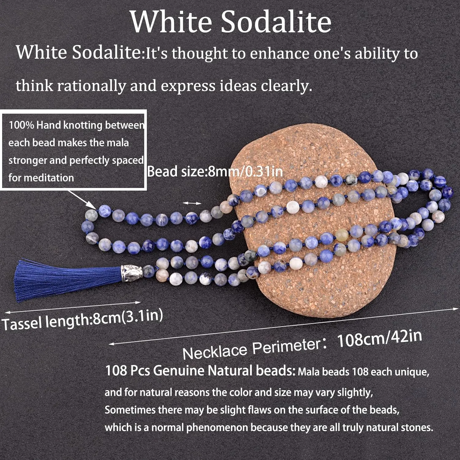 KIKILA Mala Beads 108 Natural Stone GemStones Japamala Yoga Meditation Hand Knotted Beaded Tassel Necklace for Women Men
