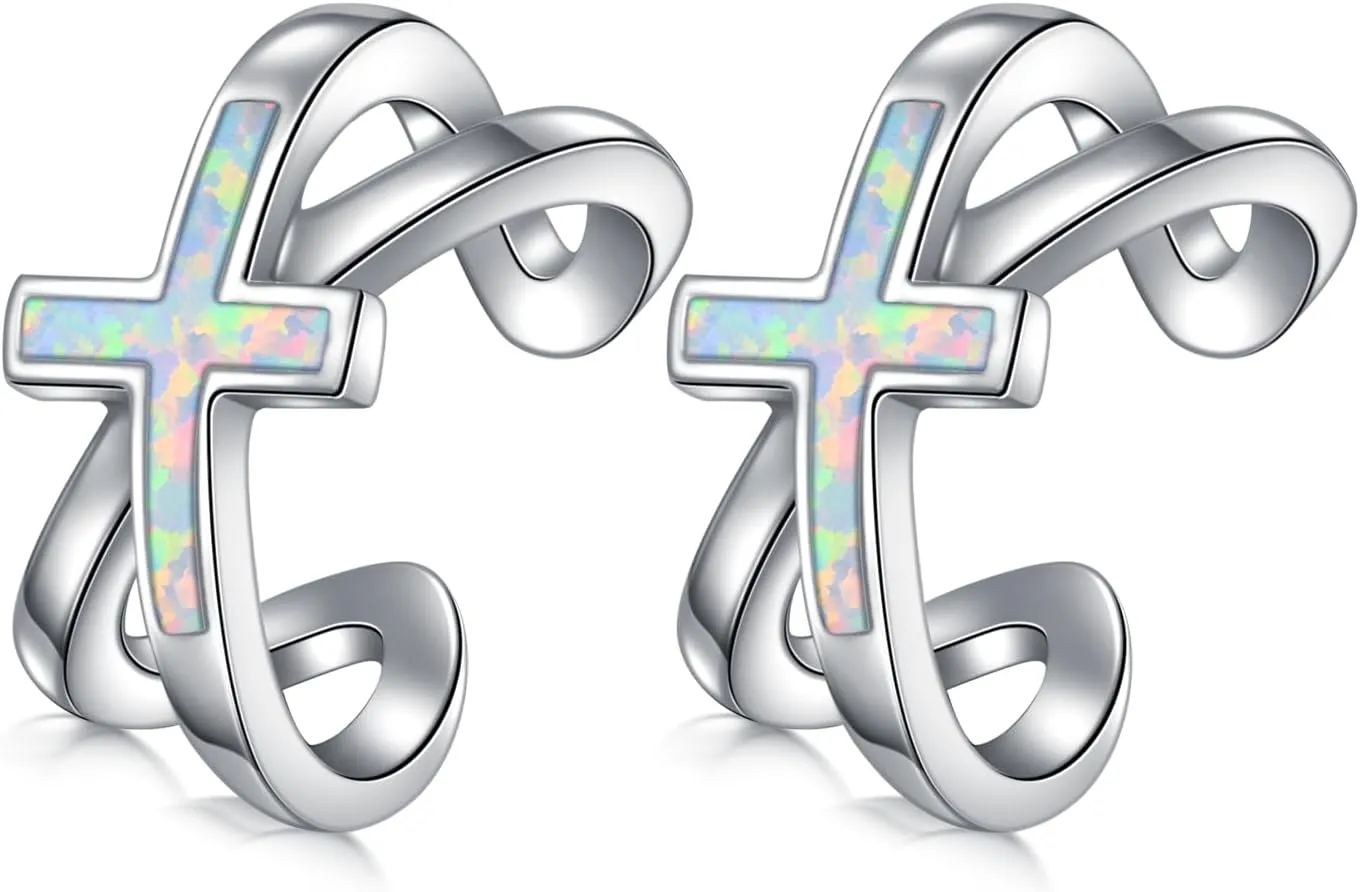 Koyekti Silver/Black Cross Opal Ear Cuff NonPiercing 925 Sterling Silve Cross Cartilage Earrings Cross Jewelry Gifts for Women