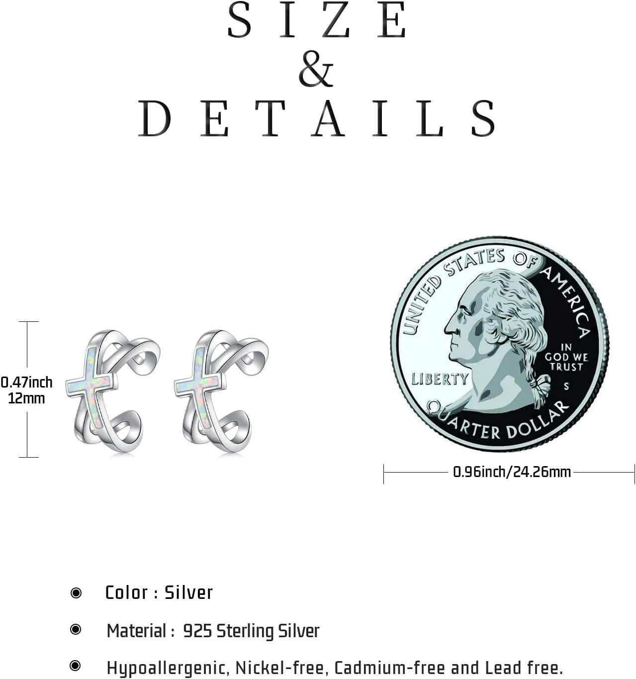 Koyekti Silver/Black Cross Opal Ear Cuff NonPiercing 925 Sterling Silve Cross Cartilage Earrings Cross Jewelry Gifts for Women