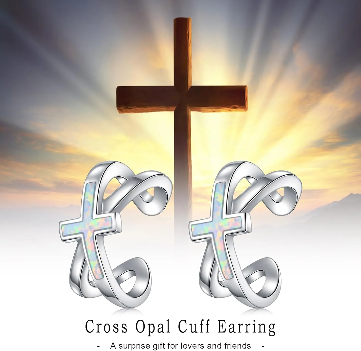 Koyekti Silver/Black Cross Opal Ear Cuff NonPiercing 925 Sterling Silve Cross Cartilage Earrings Cross Jewelry Gifts for Women