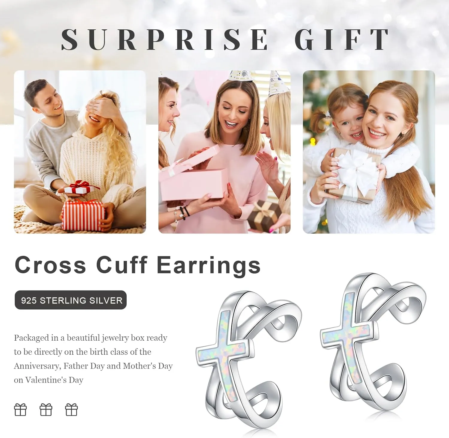 Koyekti Silver/Black Cross Opal Ear Cuff NonPiercing 925 Sterling Silve Cross Cartilage Earrings Cross Jewelry Gifts for Women