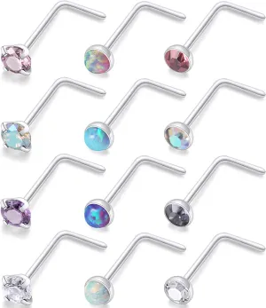 Kridzisw 18G 20G 22G Surgical Steel Nose Rings Studs CZ Opal 1.5mm 2mm 2.5mm 3mm for Women Men 12Pcs