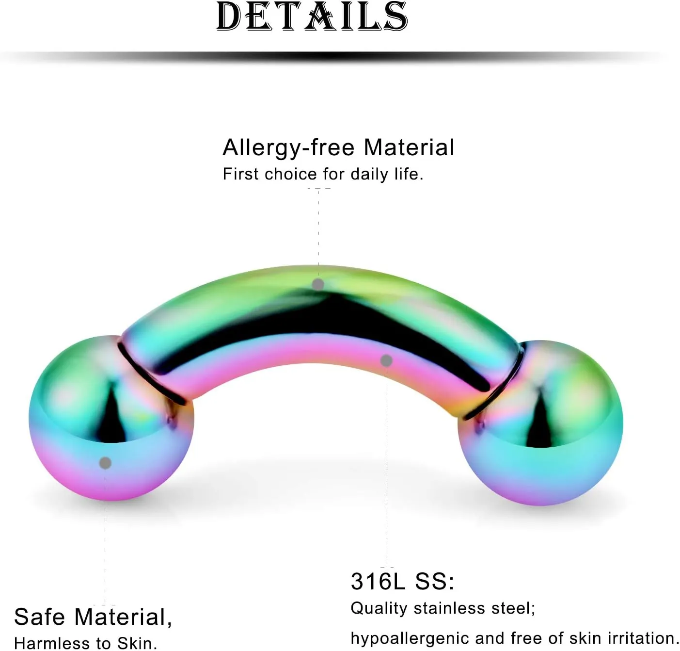 Kridzisw 2G 4G 6G 8G Curved Barbells Piercing Jewelry Internally Threaded PA Rings 316L Surgical Steel Colorful Tongue Rings Nipple Bars Piercings Jewelry for Women Men 12mm 16mm