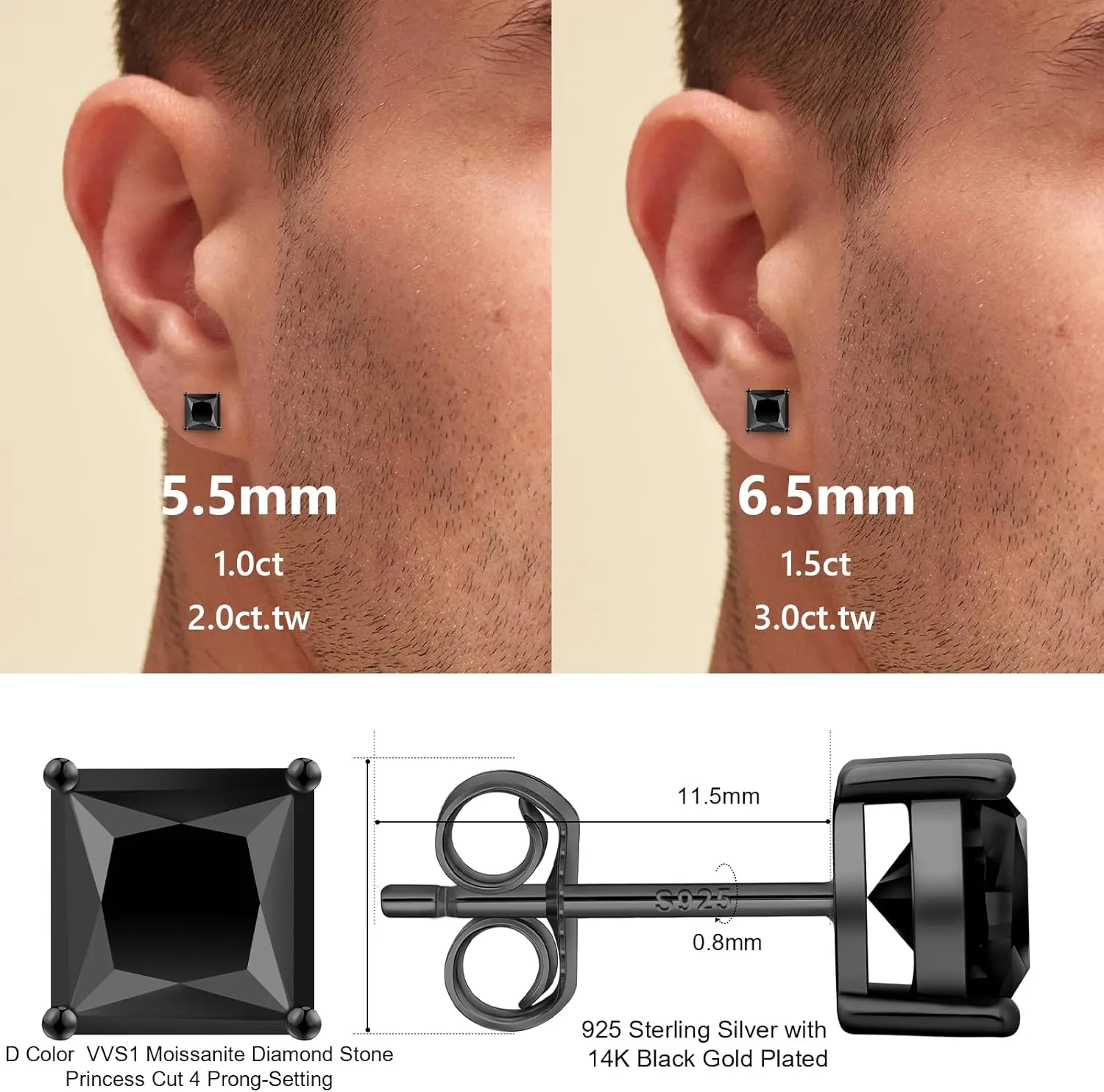 KRKC Black Moissanite Stud Earrings for Men, D Color VVS1 Clarity, Lab Created Diamond Earrings, Vermeil 925 Sterling Silver Hypoallergenic 14K Black Gold Friction Back Earrings Jewelry for Men Women Gift
