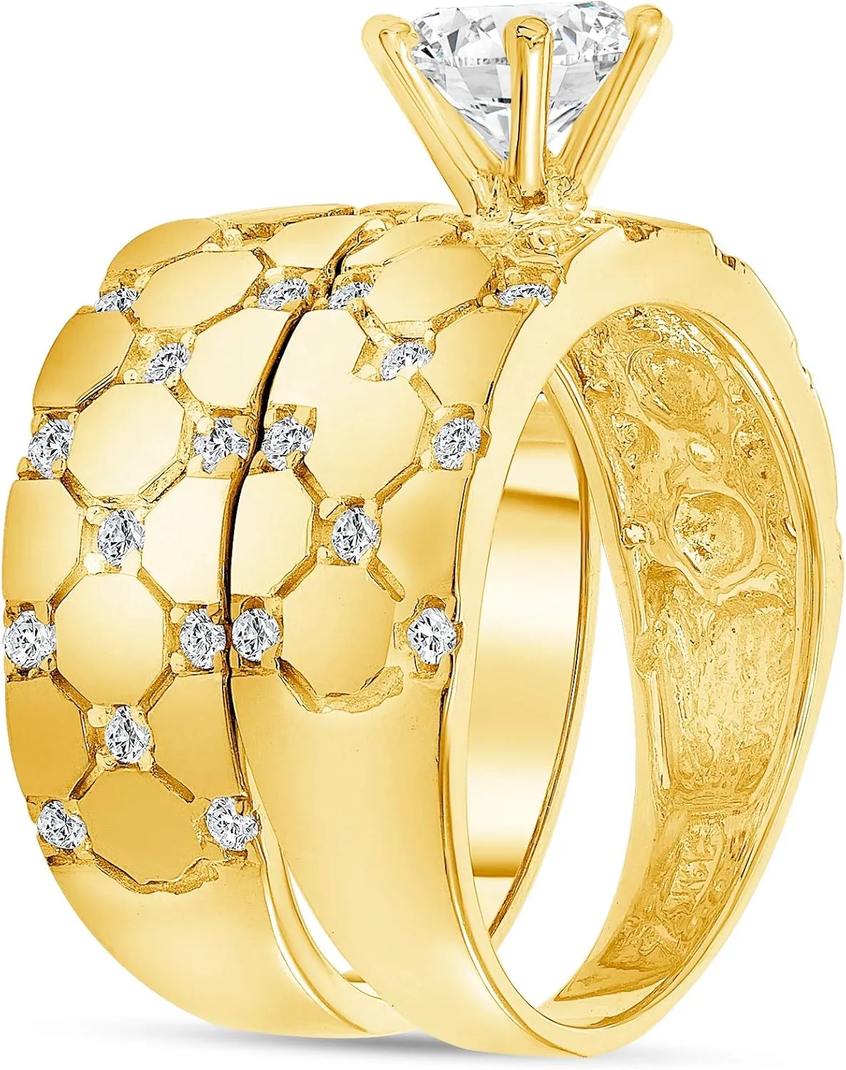 Lab Grown Diamond in 14k Yellow Gold Trio Ring Set - 3 Piece Her Wedding Engagement and His Band Lab Created Diamonds Jewelry Mens Women Gift 1.2 CT G-H.