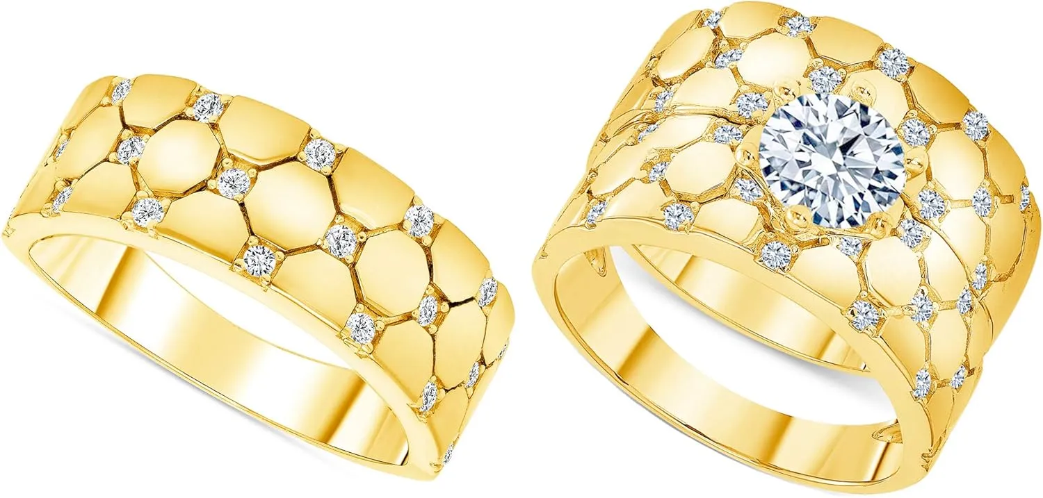 Lab Grown Diamond in 14k Yellow Gold Trio Ring Set - 3 Piece Her Wedding Engagement and His Band Lab Created Diamonds Jewelry Mens Women Gift 1.2 CT G-H.