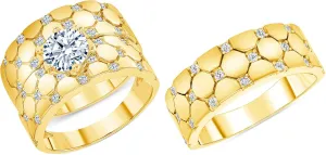 Lab Grown Diamond in 14k Yellow Gold Trio Ring Set - 3 Piece Her Wedding Engagement and His Band Lab Created Diamonds Jewelry Mens Women Gift 1.2 CT G-H.