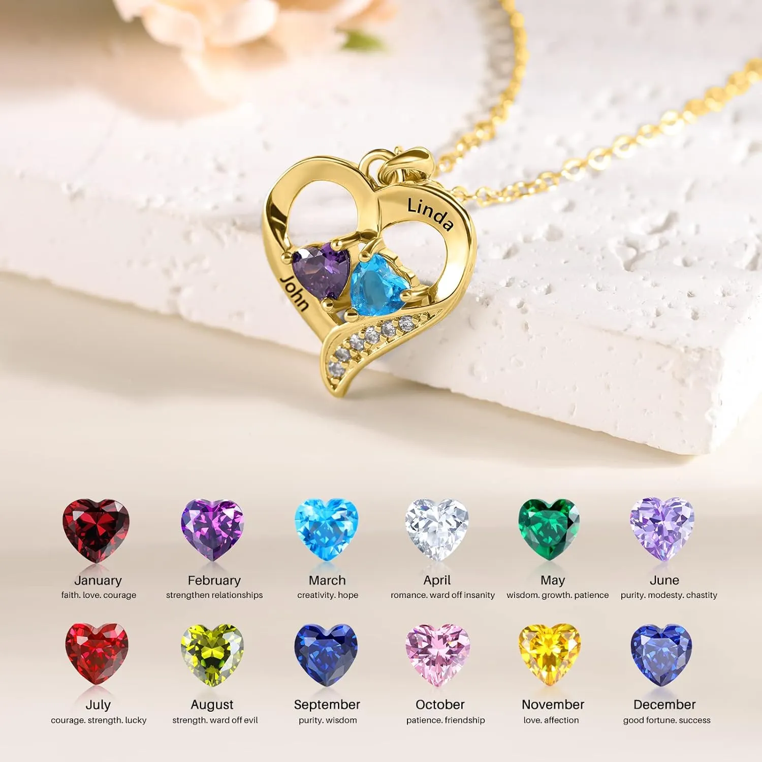 Lam Hub Fong Personalized Name Necklace with Birthstone - Custom Jewelry for Women, Mothers Day Gifts, Mom & Daughter Necklace, Engraved Heart Charm, Mother's Keepsake Gift, Perfect for Wife or Her