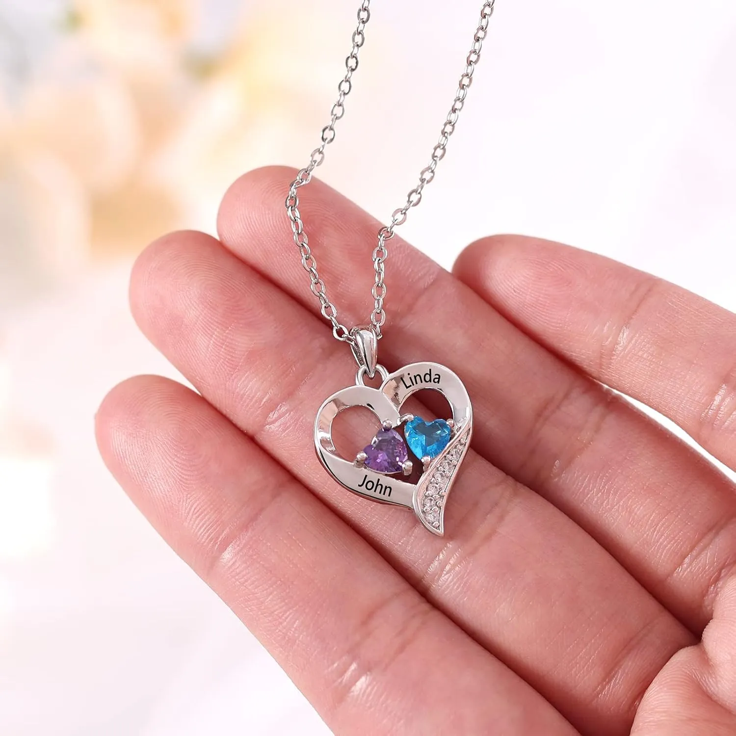 Lam Hub Fong Personalized Name Necklace with Birthstone - Custom Jewelry for Women, Mothers Day Gifts, Mom & Daughter Necklace, Engraved Heart Charm, Mother's Keepsake Gift, Perfect for Wife or Her