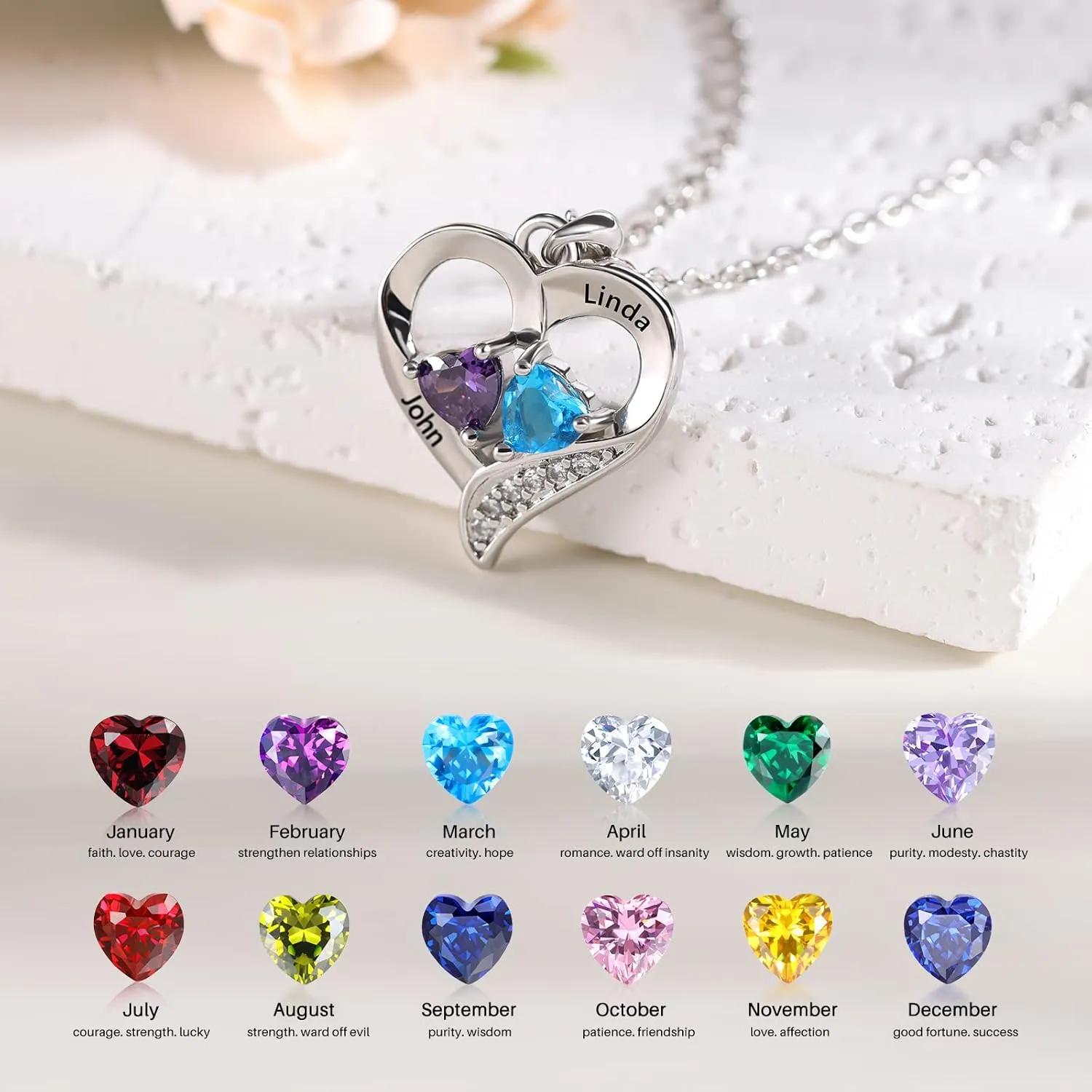 Lam Hub Fong Personalized Name Necklace with Birthstone - Custom Jewelry for Women, Mothers Day Gifts, Mom & Daughter Necklace, Engraved Heart Charm, Mother's Keepsake Gift, Perfect for Wife or Her