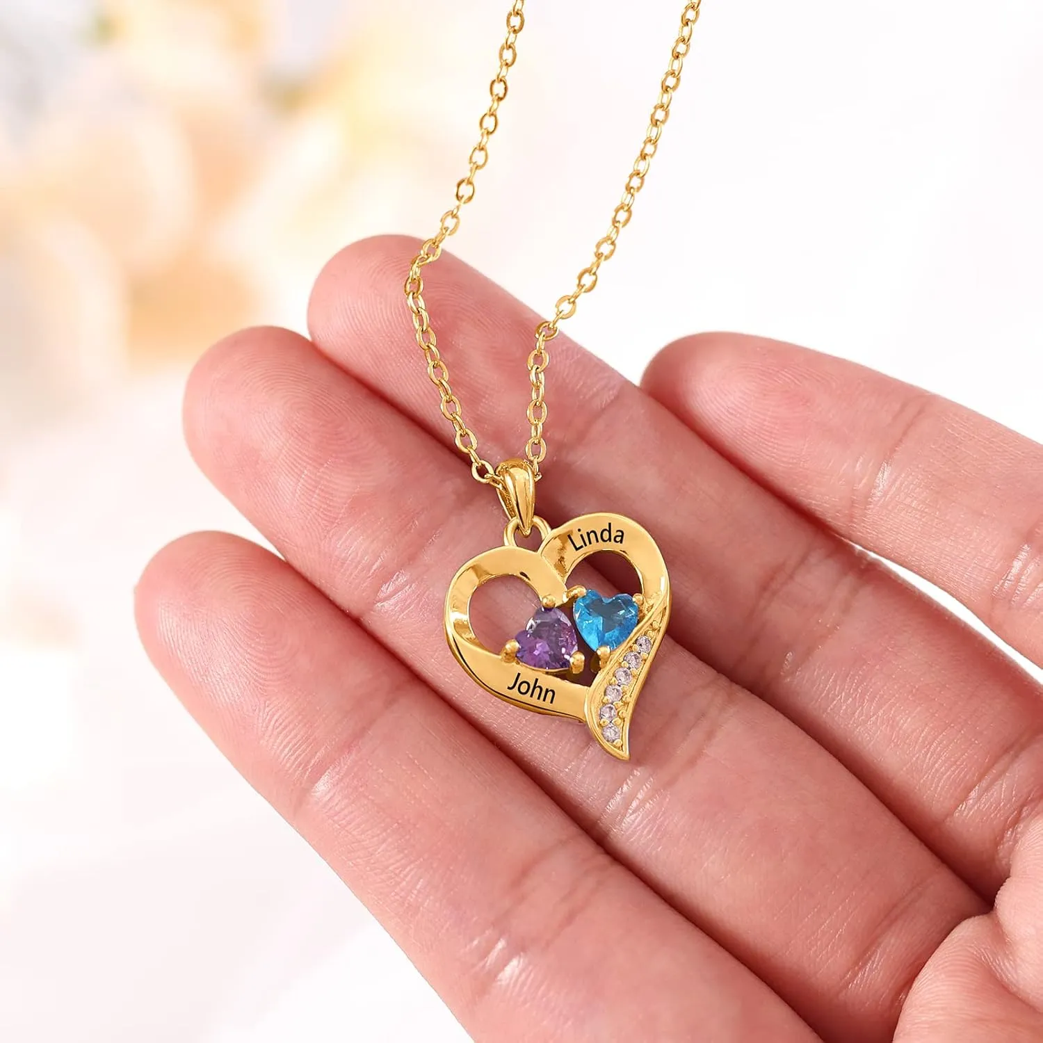 Lam Hub Fong Personalized Name Necklace with Birthstone - Custom Jewelry for Women, Mothers Day Gifts, Mom & Daughter Necklace, Engraved Heart Charm, Mother's Keepsake Gift, Perfect for Wife or Her