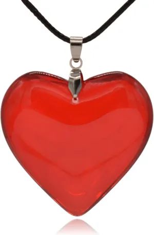 Large Red Semi-Transparent Solid Glass Heart Pendant Necklace
